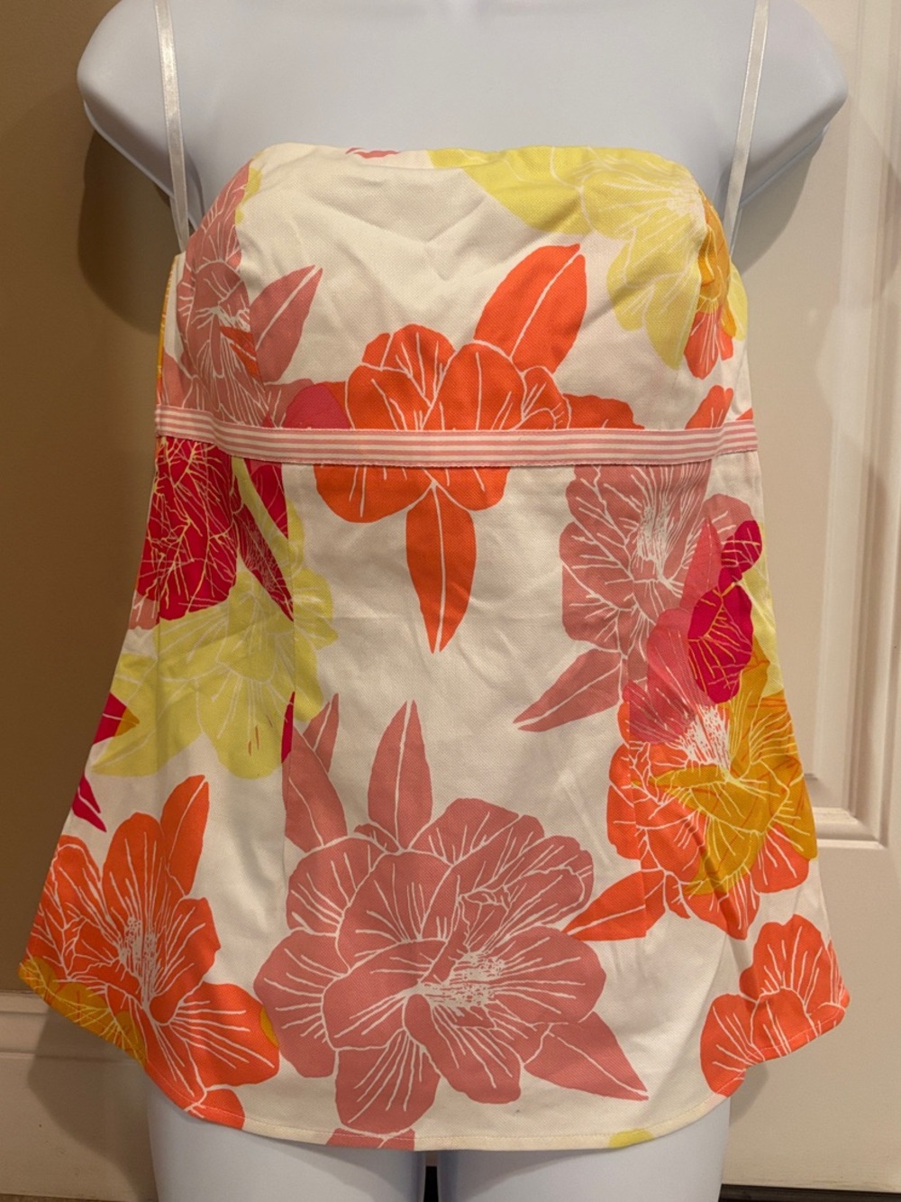 Express Floral Strapless Tank Top - White with Pink, Orange & Yellow